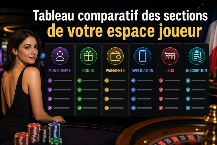 Tableau comparatif des sections de votre espace joueur
